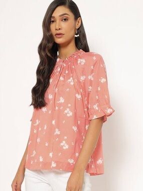 Lightweight Cotton GAP Coral Floral Ruffled Keyhole SplitNeck Blouse Sz medium